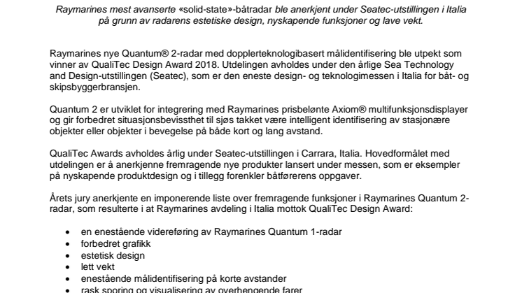Raymarine: Quantum® 2 utpekt som vinner av QualiTec Design Award 2018 