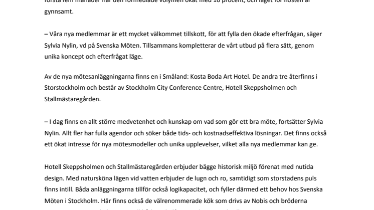 Svenska Möten utökar med fyra medlemsanläggningar