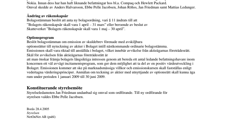 Kommuniké efter bolagsstämman samt det konstituerande styrelsemötet