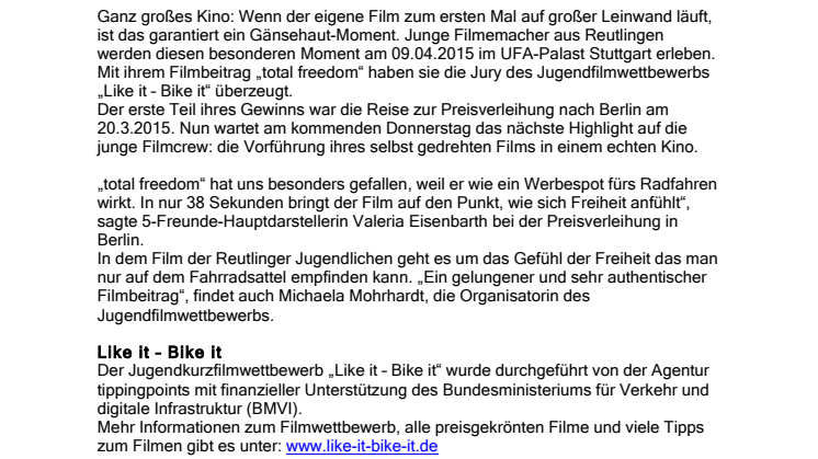 Jugendliche aus Stuttgart gewinnen Gruppenpreis beim Jugendkurzfilmwettbewerb „Like it – Bike it“