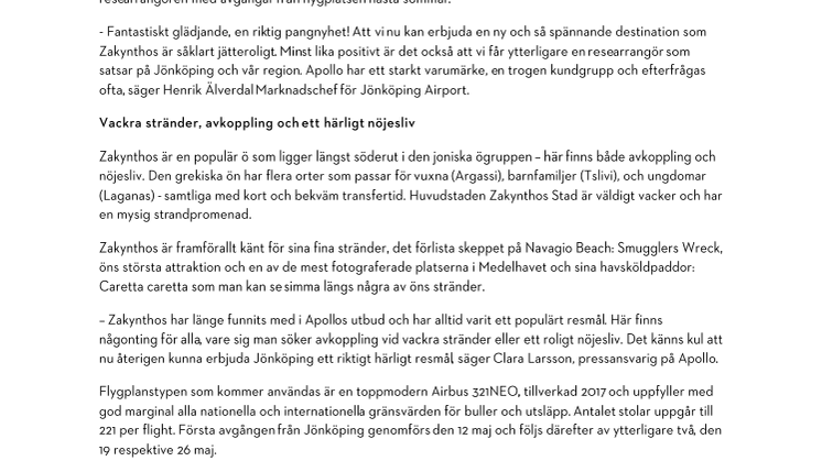 Nyhet! Apollo flyger till Zakynthos från Jönköping