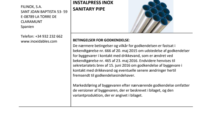 CERTIFIKAT - Godkendt til drikkevand - Rør 