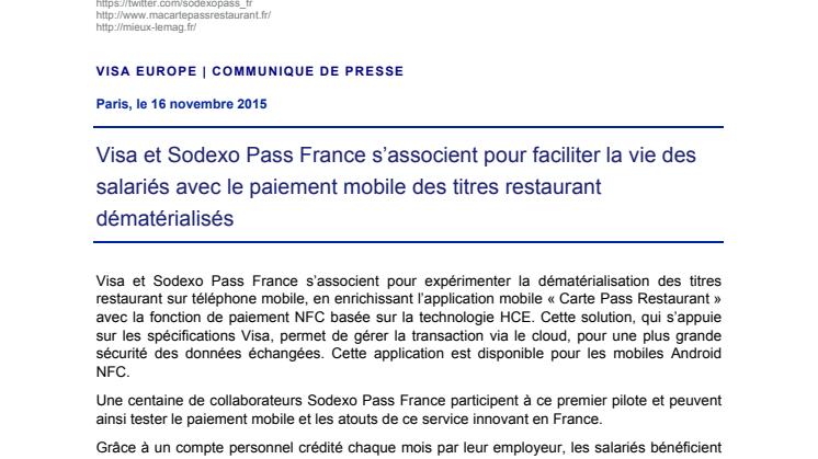 Visa et Sodexo Pass France s’associent pour faciliter la vie des salariés avec le paiement mobile des titres restaurant dématérialisés