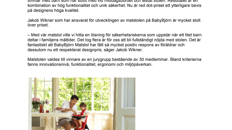 Internationellt designpris till BabyBjörn Matstol