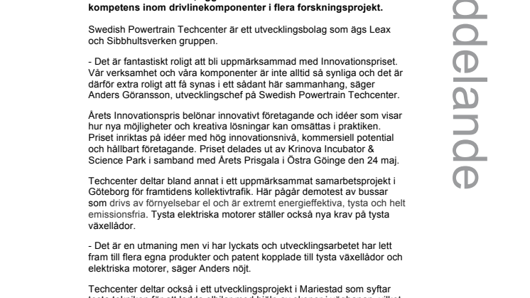 Swedish Powertrain Techcenter vinner Årets Innovationspris i Östra Göinge