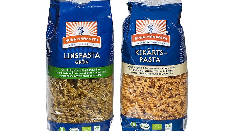 Kung Markatta lanserar KRAV-märkt,  ekologisk Kikärtspasta och Linspasta