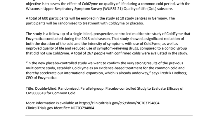 First patients included in large placebo-controlled multicentre study on ColdZyme