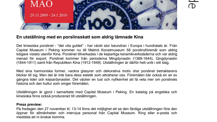 Från Ming till Mao - Kinesiskt poslin på Malmö Konstmuseum