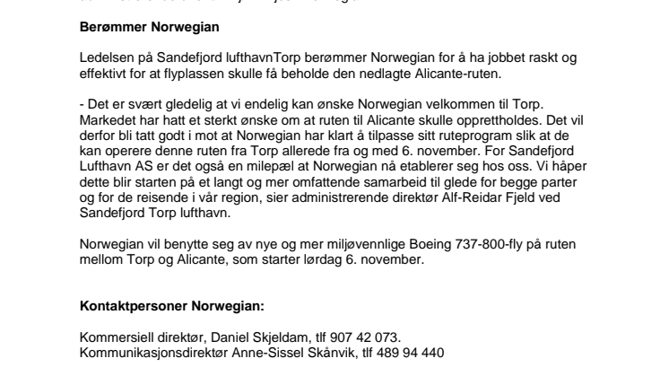 Norwegian starter flygninger fra Torp
