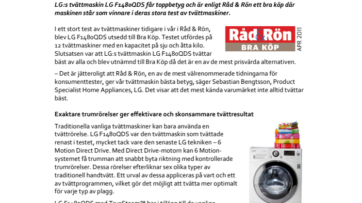 Smart tvättmaskin från LG bra köp enligt Råd & Rön