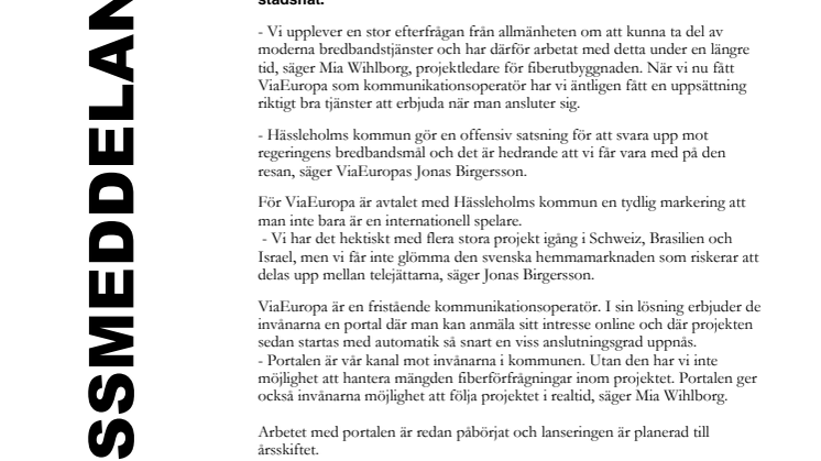 Hässleholms kommun startar stadsnät med ViaEuropa