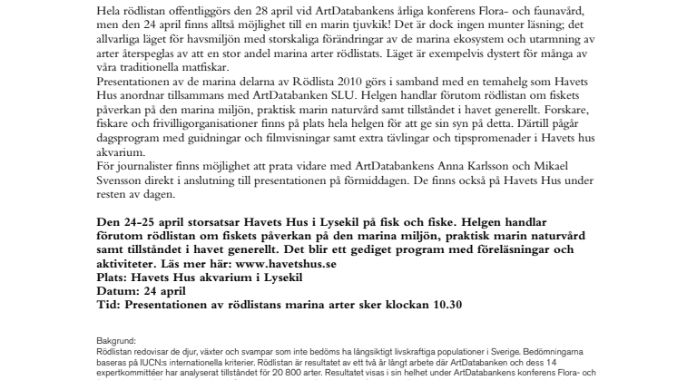 Pressinbjudan: Marin tjuvkik av Rödlista 2010 på Havets Hus