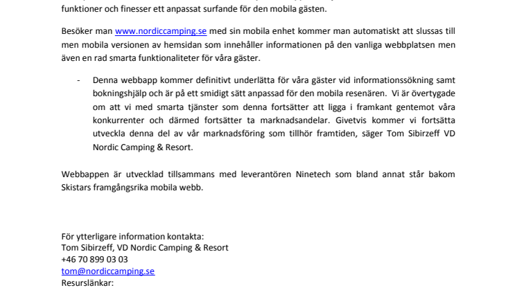 Nordic Camping & Resort lanserar mobil webbplats