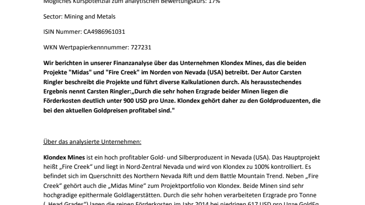Ringler Research: Studie zu Klondex Mines veröffentlicht / Bewertungskurs 3,80 CAD / 2,62€