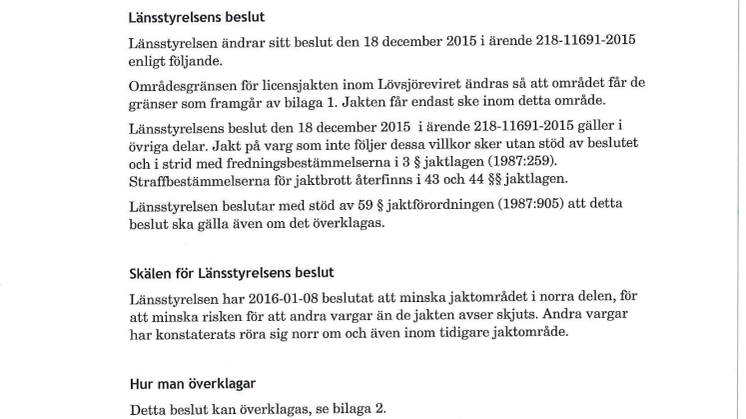 Beslut ändrat jaktområde Lövsjöreviret 8 januari