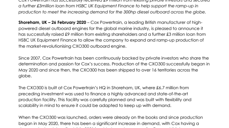 Cox Powertrain receives £12 million to ramp up production of the CXO300 outboard engine to meet global demand