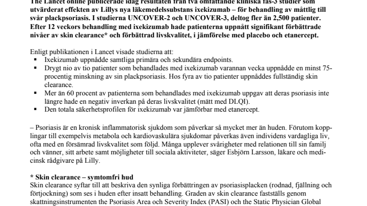Lancet publicerar resultat från fas 3-studier för Lillys nya psoriasisbehandling – ixekizumab 