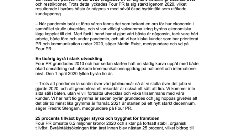 Four PR firade tio år som byrå med ekonomiskt rekord