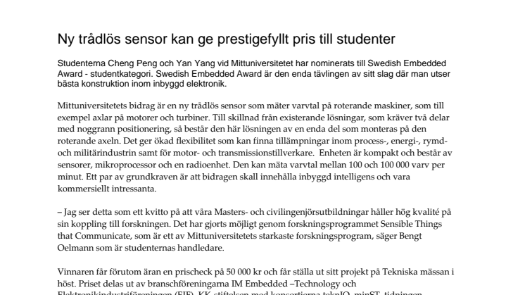 Ny trådlös sensor kan ge prestigefyllt pris till studenter