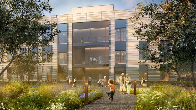 Illustration av ett av de tre trapphusen på Karolinska Universitetssjukhuset Huddinge © White arkitekter.