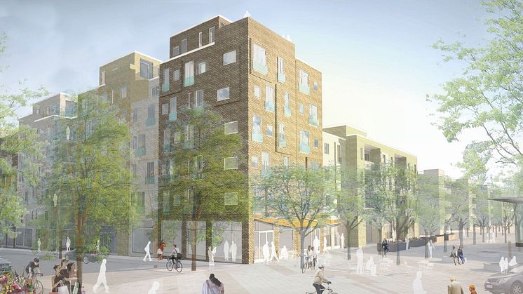 Föreslagen bebyggelse mot Scheelevägen och Forskarparken. Illustration: Gunilla Svensson arkitektkontor AB.