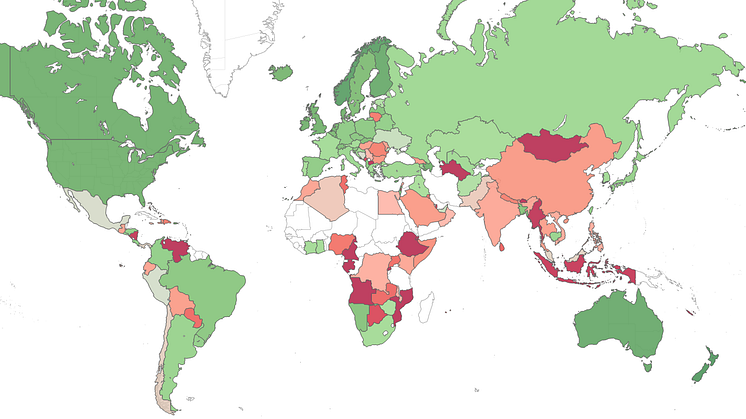 Kartan visar ett globalt riskindex över riskområden för skadlig kod runtom i världen. Grön = låg risk, röd = hög risk, grå = otillräcklig data.