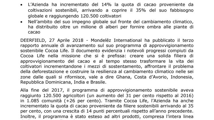 Mondelēz International annuncia la rapida espansione del programma di approvvigionamento sostenibile Cocoa Life