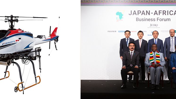 （左）Fazer R G2　（右）協定締結時のTICAD7にて撮影　Astral Aviation Solutions CEO  Sanjeev Gadhia氏（後列右から2人目） 当社代表取締役会長　柳 弘之 （後列中央）