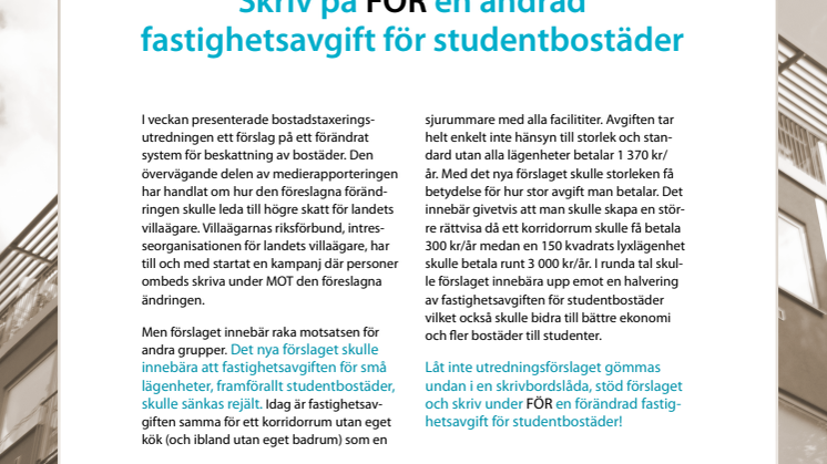 Skriv under FÖR en ändrad fastighetsavgift för studentbostäder