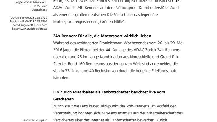 Wahre Rennsportliebe: Zurich ist Titelsponsor des 44. internationalen 24h-Rennens auf dem Nürburgring