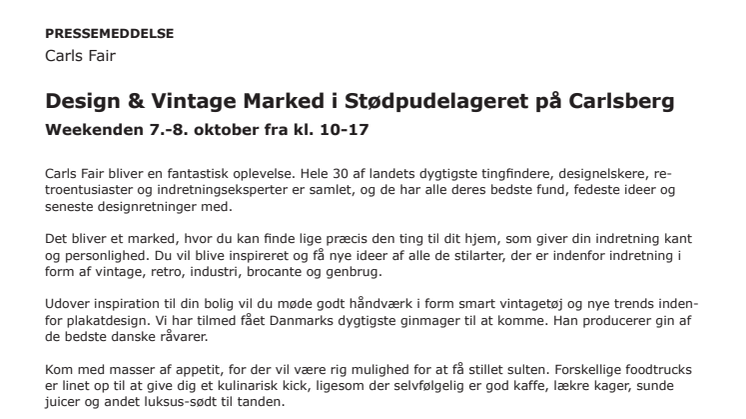Design & Vintage Marked i Stødpudelageret på Carlsberg - Weekenden 7.-8. oktober fra kl. 10-17