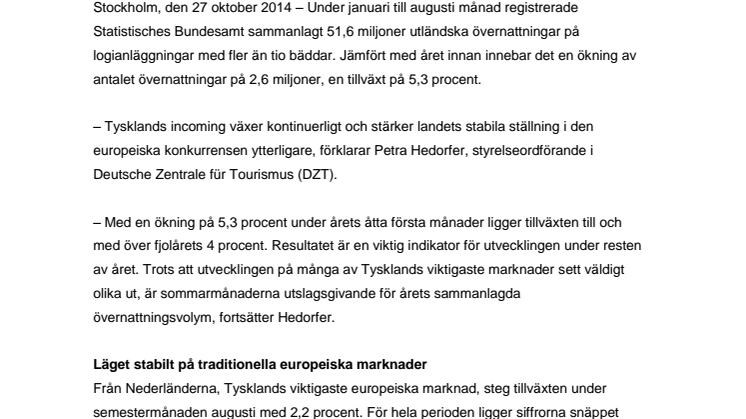 Tysklands incoming växer stadigt: Över fem procents tillväxt under årets åtta första månader