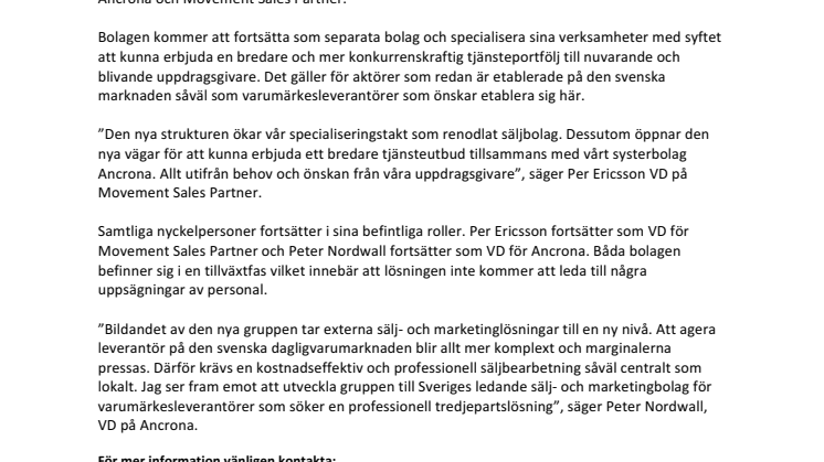 Ancrona och Movement Sales Partner  bildar gemensamt ägarbolag med specialisering och tillväxt i fokus.