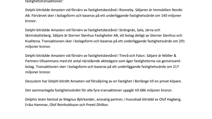 Delphi har biträtt Amasten vid förvärv av tre fastighetsbestånd och en försäljning 