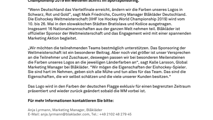 BLÅKLÄDER  ÄNDERT SEIN LOGO – WENN  DEUTSCHLAND DAS VIERTELFINALE  DER EISHOCKEY WM ERREICHT