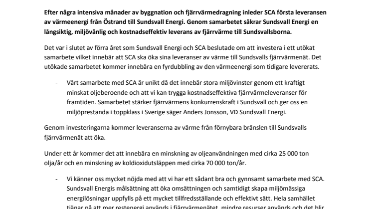Nu startar Sundsvall Energi att ta emot värmeleveranser från Östrand