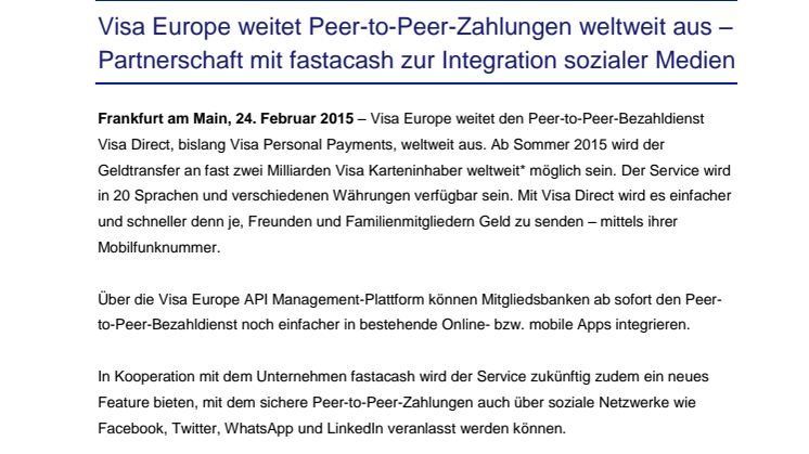 Visa Europe weitet Peer-to-Peer-Zahlungen weltweit aus – Partnerschaft mit fastacash zur Integration sozialer Medien