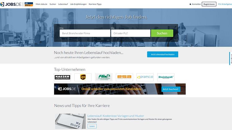 Screenshot der aktuellen Startseite von Jobs.de mit JobScout24 Co-Branding