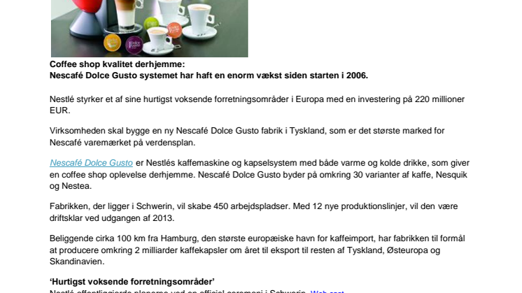 Nescafé Dolce Gusto udvider i Europa – ny produktionsenhed for Skandinavien