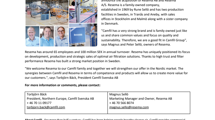 Camfil expands market leading position in the Nordics through acquisition of Resema AB & Resema A/S