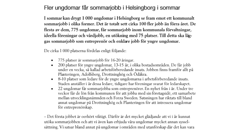 Fler ungdomar får sommarjobb i Helsingborg i sommar 