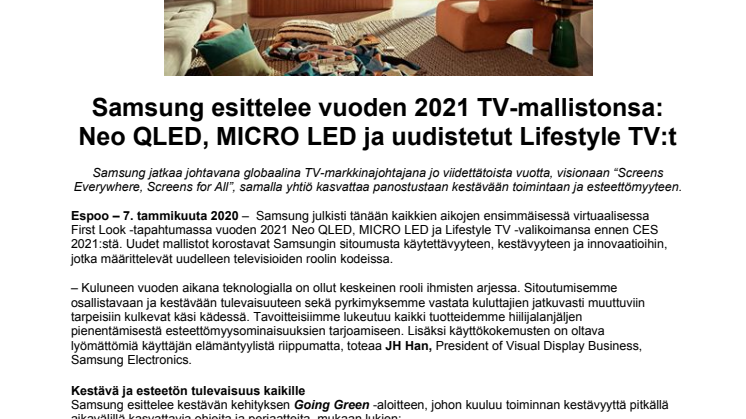 Samsung esittelee vuoden 2021 TV-mallistonsa: Neo QLED, MICRO LED ja uudistetut Lifestyle TV:t