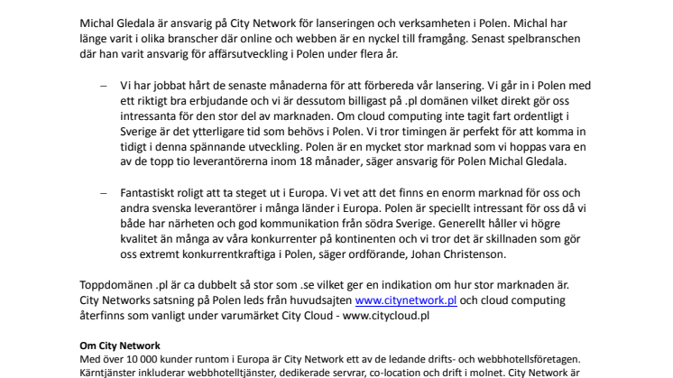 City Network lanserar hostingtjänster i Polen