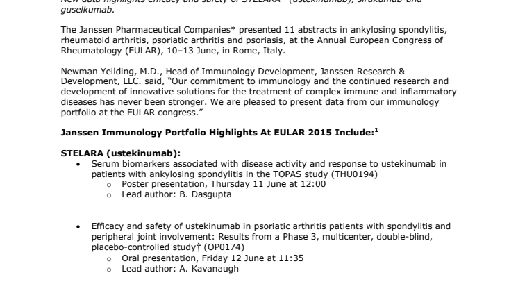 Data at EULAR 2015 Showcase Commitment of Janssen to Advancing Innovative Treatments for Immune and Inflammatory Diseases 