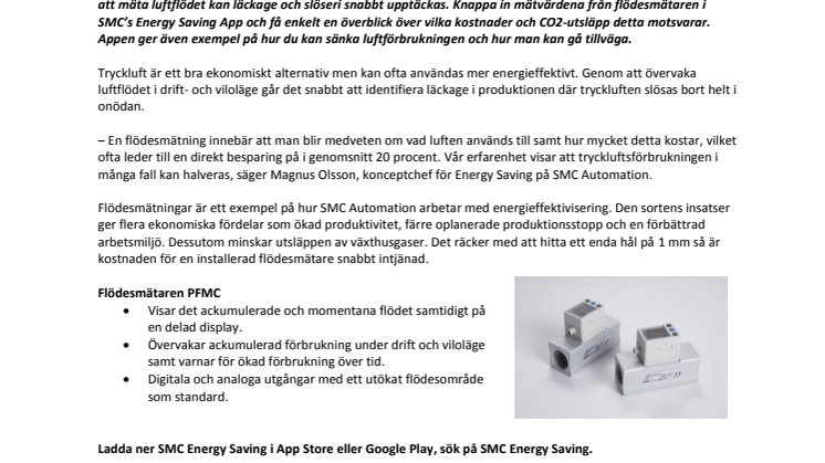 SMC’s nya flödesmätare och Energy Saving App sparar pengar och miljö