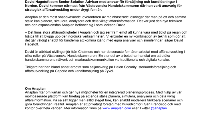 Anaplan rekryterar David Hagetoft från Västsvenska Handelskammaren