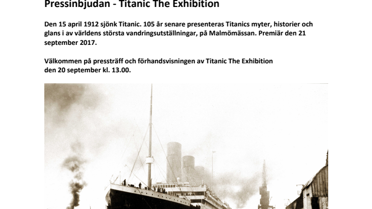 Pressinbjudan Titanic The Exhibition 