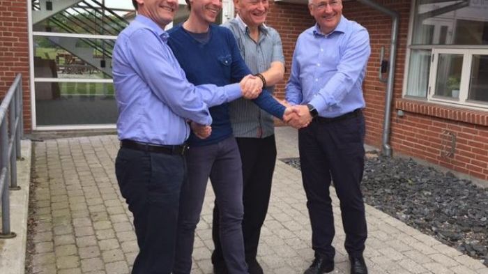 Från vänster: Erik Hagen, styrelseledamot, EcoOnline, Henrik Stig Andersen, utviklingschef, ProOffice-gruppen, Per Mølgaard Thorsen, CFO, ProOffice-gruppen och Øyvind Thorsen CEO, EcoOnline