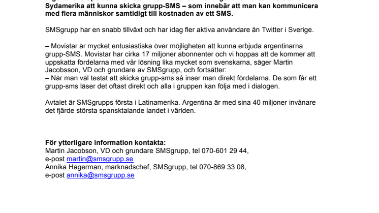 SMSgrupp i avtal med argentinska Movistar