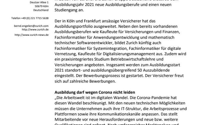 Ab 2021 neue Ausbildungsberufe und Studiengänge bei Zurich 